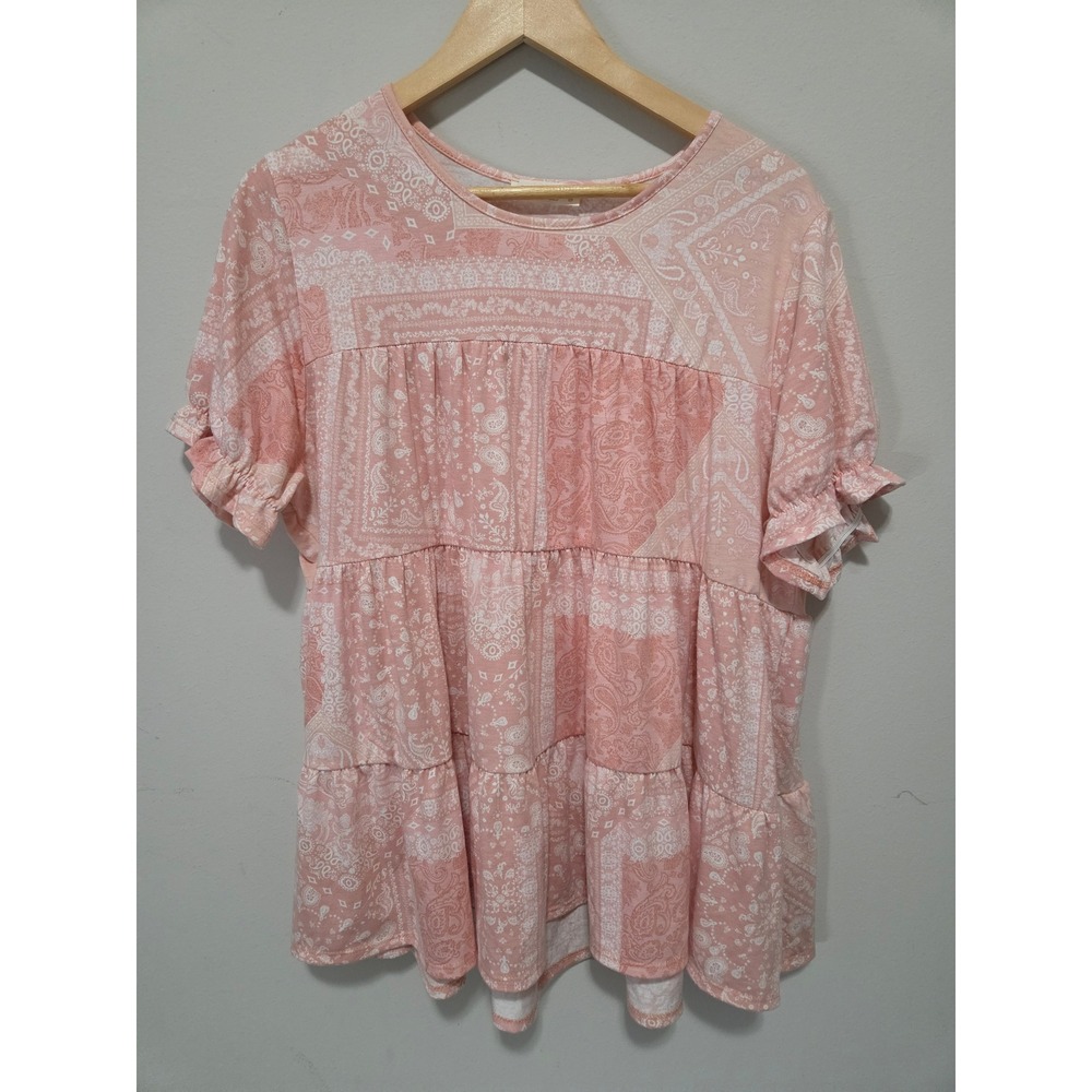 Perfect Peach Pink Paisley Bandana Print Tiered Babydoll Top 2X PP121047X